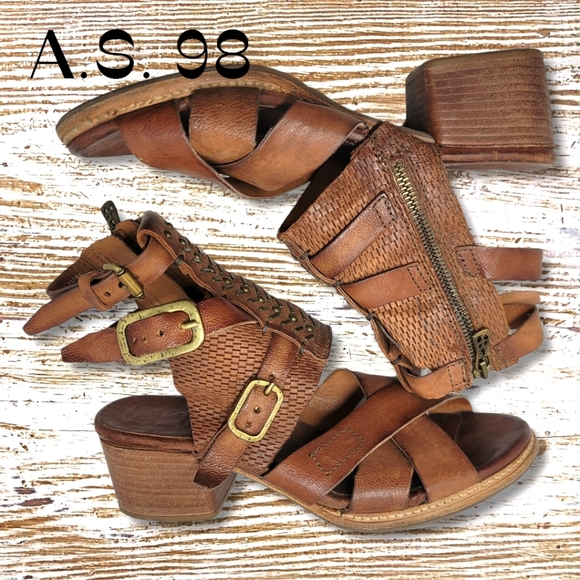 A.S. 98 Leather Gladiator Heeled Boots with Brass Accents Woven Leather - Picture 5 of 8